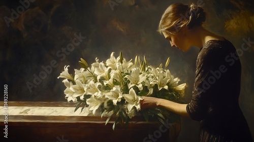 A grieving woman standing near a coffin adorned with lily flowers