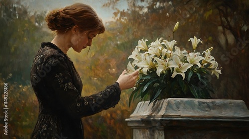 A grieving woman standing near a coffin adorned with lily flowers