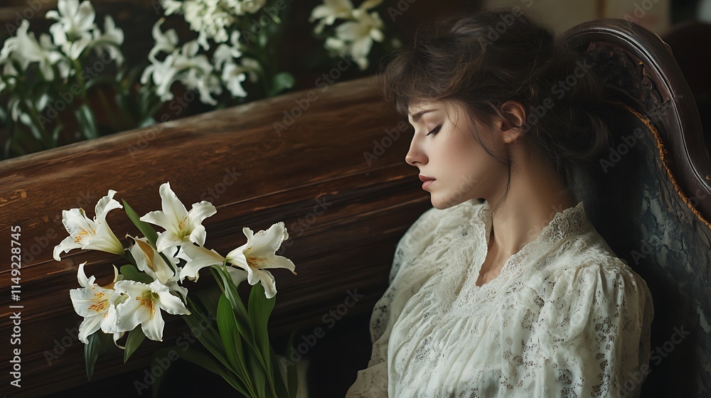 Naklejka premium A woman mourning with a lily bouquet next to a closed wooden coffin