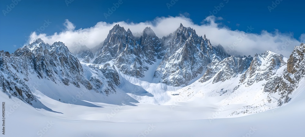 Obraz premium A breathtaking panoramic view of snow-covered mountain peaks under a clear blue sky, with wisps of clouds gently hanging around the rocky summits, showcasing nature's beauty.