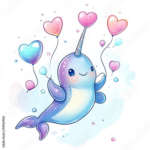 A cheerful narwhal holding colorful balloons in a whimsical underwater scene. photo