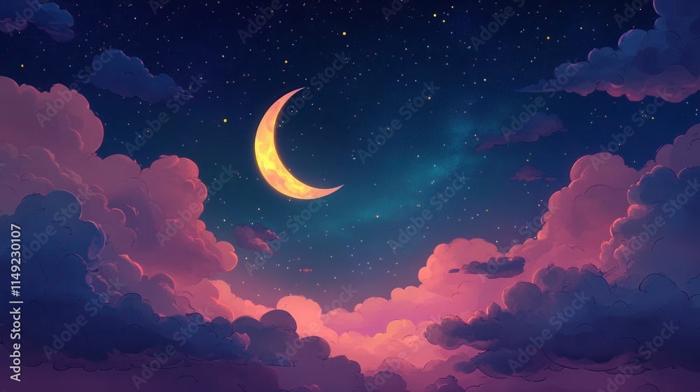 Fototapeta premium Dreamy Nightscape Crescent Moon, Pink Clouds, and Starry Sky - Digital Painting Illustration