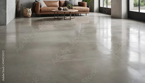 Modern living room with polished concrete floor and leather sofa