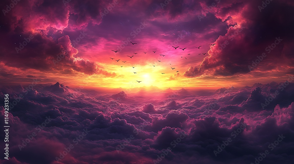 Naklejka premium Crimson Sky: A vibrant, ethereal sunset paints the sky in hues of crimson and gold, as a flock of birds soars through a sea of clouds. The scene evokes a sense of wonder, peace.