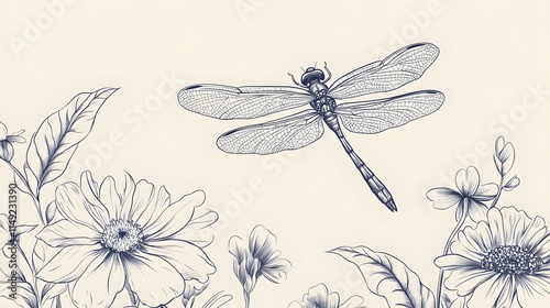 Line drawing of a dragonfly hovering above flowers