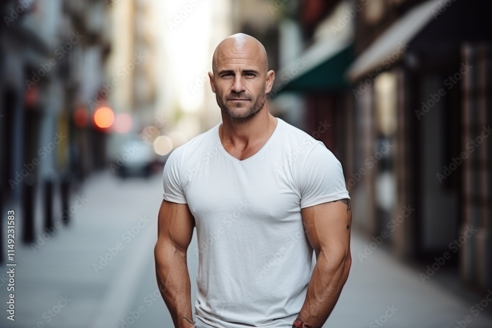 Portrait of a middle-aged man in a white t-shirt on a city street Portrait of a middle-aged man in a white t-shirt on a city street