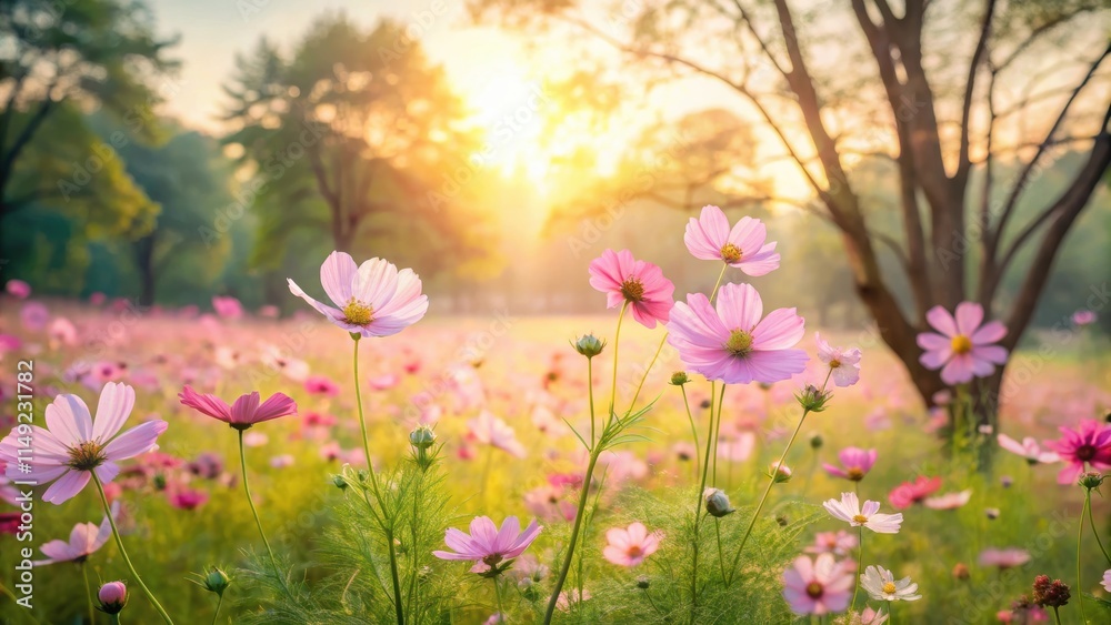 Fototapeta premium A sea of delicate cosmos flowers swaying gently in a serene meadow landscape with a soft focus on pastel hues and warm sunlight filtering through trees , beautiful field, sunny day