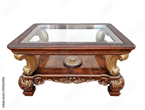 elegant coffee table with glass top and metallic base isolated on white background photo