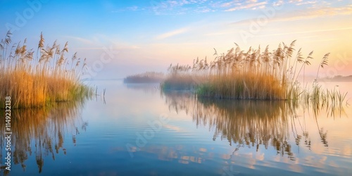 Dense reed bed swaying in the misty fog of a serene seascape at dawn