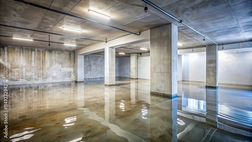 Wasserdruck auf einem besch?digten Betonboden nach ?berschwemmung, building collapse risk, flooded basement photo