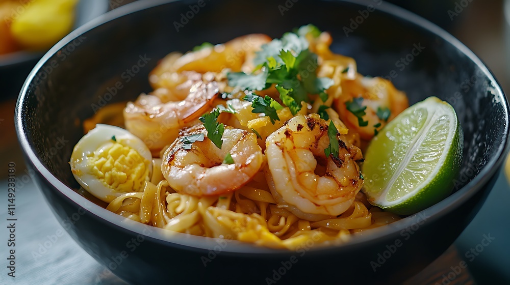 Close-up of Pad Thai noodles with shrimp and egg served with lime garnish Close-up of Pad Thai noodles with shrimp and egg served with lime garnish