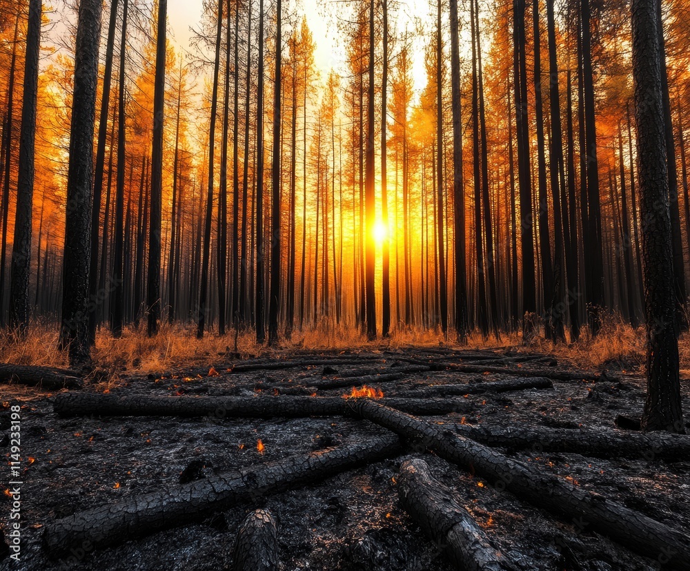 Obraz premium A breathtaking view of a forest at sunset, showcasing the contrast between charred trees and glowing orange hues, capturing nature's resilience amidst destruction.