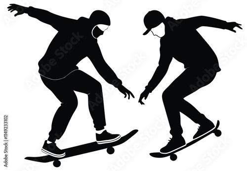 Skateboard Tricks Silhouettes, people silhouettes with transparent background, named, organized and editable layers