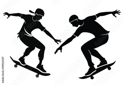 Skateboard Tricks Silhouettes, people silhouettes with transparent background, named, organized and editable layers