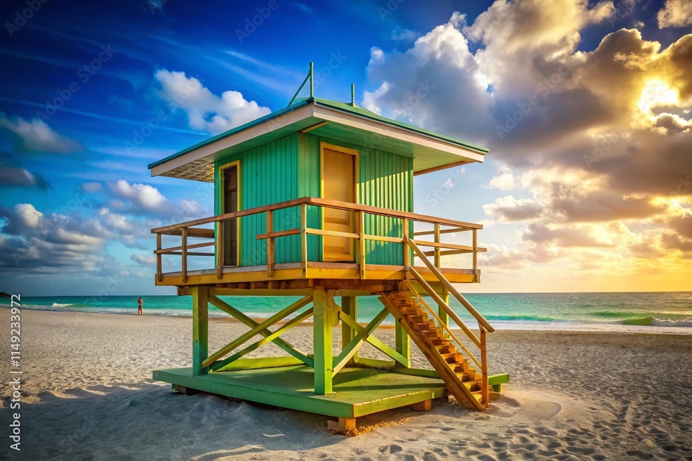 Miami Beach Lifeguard Tower, Art Deco Architecture, Oceanfront, Sunny Day, Coastal Scene Miami Beach Lifeguard Tower, Art Deco Architecture, Oceanfront, Sunny Day, Coastal Scene