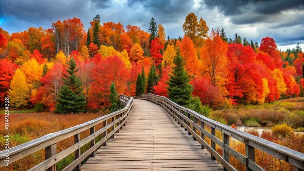 Michigan Upper Peninsula Autumn Boardwalk: Vibrant Fall Foliage & Scenic Pathway Michigan Upper Peninsula Autumn Boardwalk: Vibrant Fall Foliage & Scenic Pathway