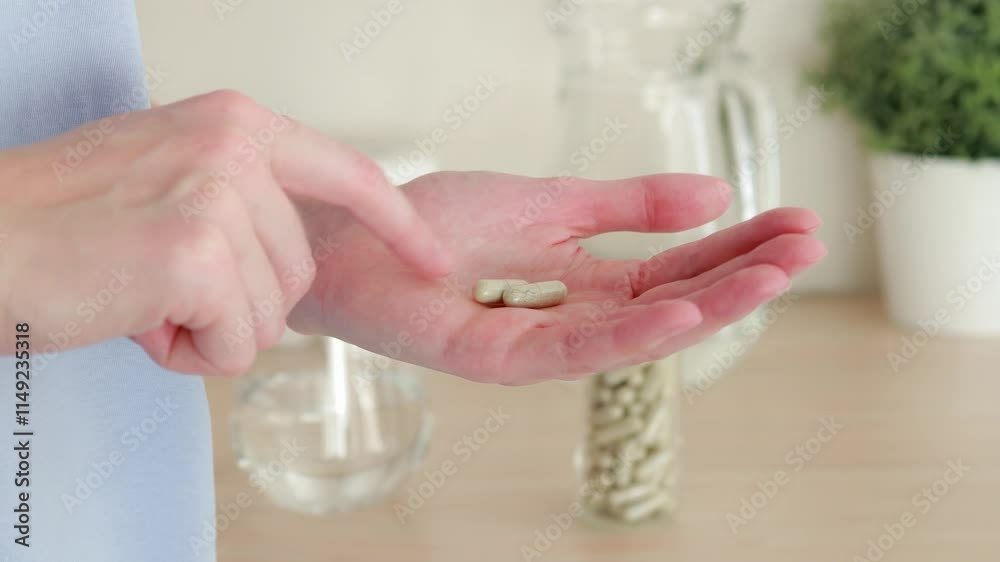 Close-up of a woman holding two gray pill capsules in her hand Close-up of a woman holding two gray pill capsules in her hand