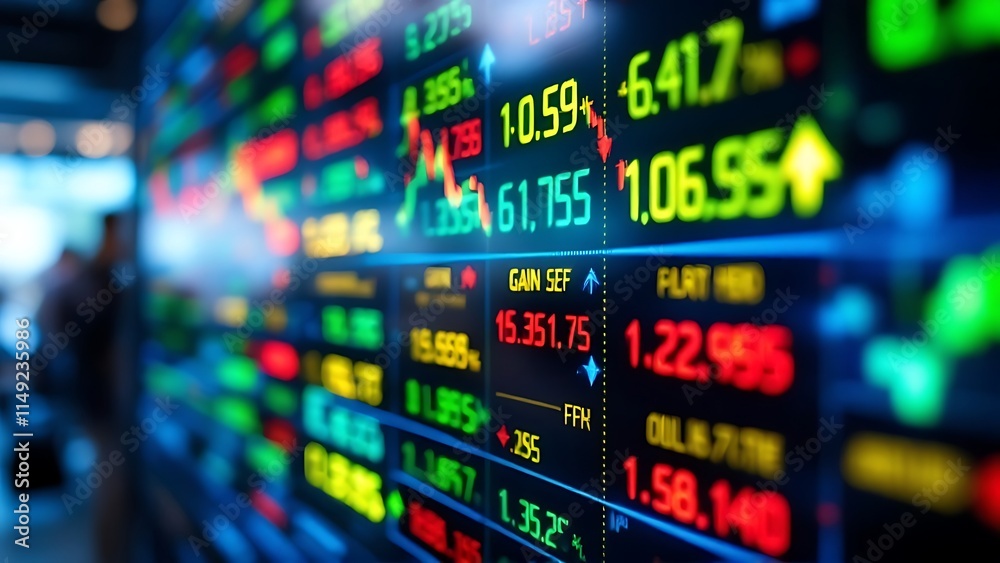 Close-up of a stock market ticker display showing live stock prices, trading data, and market trends. Perfect for finance, investment, and business analysis projects. Close-up of a stock market ticker display showing live stock prices, trading data, and market trends. Perfect for finance, investment, and business analysis projects.