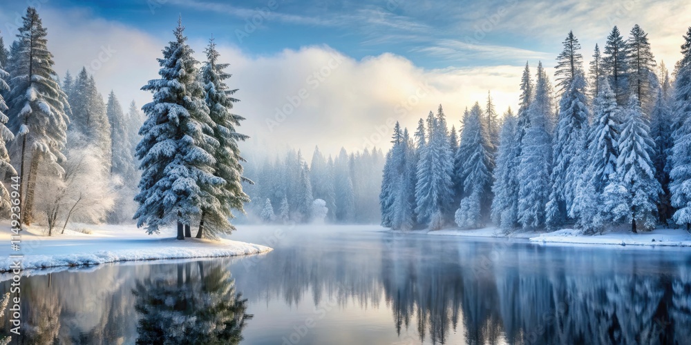 Frosty forest landscape with snow-covered trees and frozen lake, surrounded by tall evergreen trees and a misty atmosphere Frosty forest landscape with snow-covered trees and frozen lake, surrounded by tall evergreen trees and a misty atmosphere
