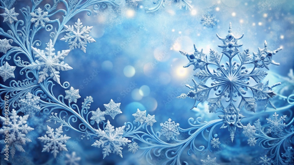 A delicate snowflake with intricate patterns and swirling designs forms a mesmerizing border along a frosty winter landscape, blue snowflakes, frost A delicate snowflake with intricate patterns and swirling designs forms a mesmerizing border along a frosty winter landscape, blue snowflakes, frost