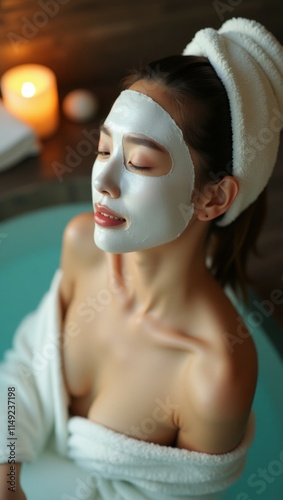 Side profile of a woman with white mask and towel, relaxing in spa, great for luxury beauty themes.