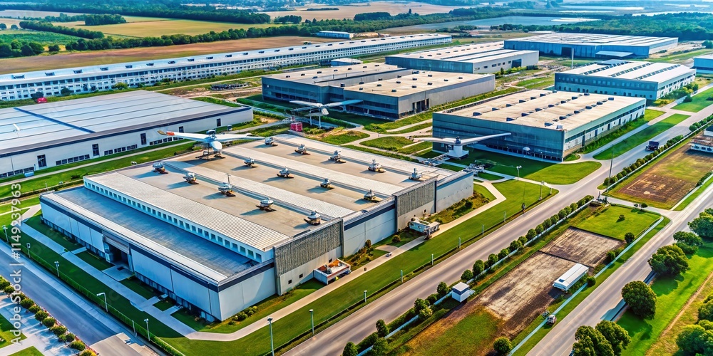 Military Drone Manufacturing Facility Aerial View - Drone Photography, High-Tech Weapon Systems Production, Unmanned Aerial Vehicle Factory Military Drone Manufacturing Facility Aerial View - Drone Photography, High-Tech Weapon Systems Production, Unmanned Aerial Vehicle Factory