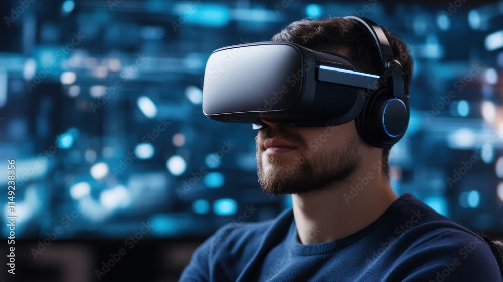 Young Man Engaged in Virtual Reality Experience with Headset and Headphones in Futuristic Setting Young Man Engaged in Virtual Reality Experience with Headset and Headphones in Futuristic Setting