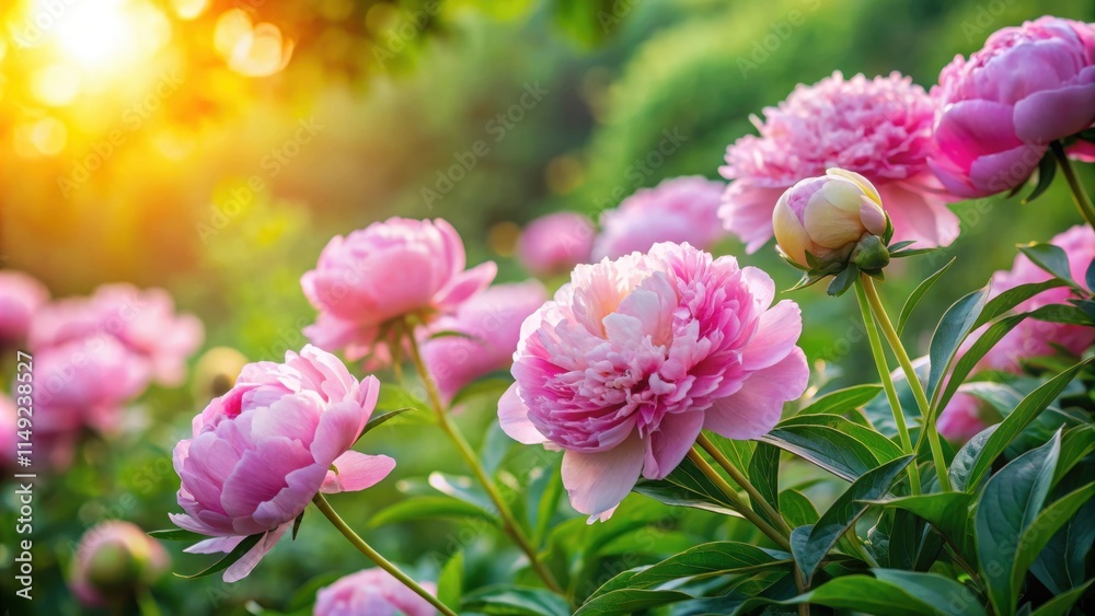 Soft pink peonies in a garden setting with lush greenery and warm sunlight filtering through the leaves , blooming flowers, colorful blooms Soft pink peonies in a garden setting with lush greenery and warm sunlight filtering through the leaves , blooming flowers, colorful blooms