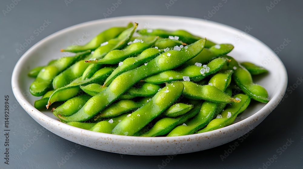 Steamed edamame beans with sea salt on a plate. Steamed edamame beans with sea salt on a plate.
