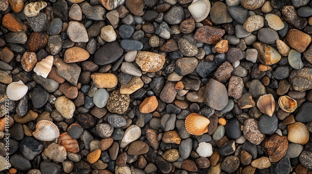 High-Resolution Image of Seashells and Pebbles on a Beach Colorful Texture Background for Design Projects