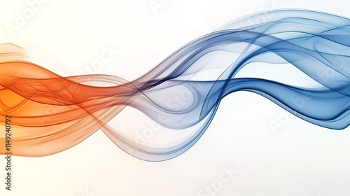 Abstract flowing orange and blue smoke wave design on white background.