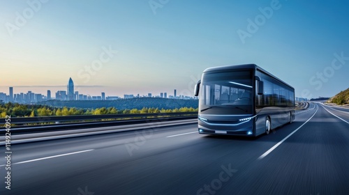 Futuristic bus traveling on a highway with city skyline in the background during sunset