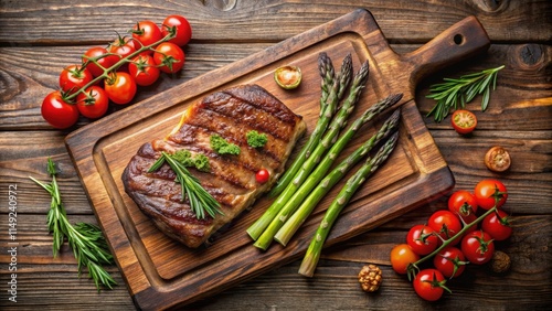 Pan-seared ribeye steak with roasted asparagus and cherry tomatoes on a wooden cutting board, grilled steak, wood, grilled steak