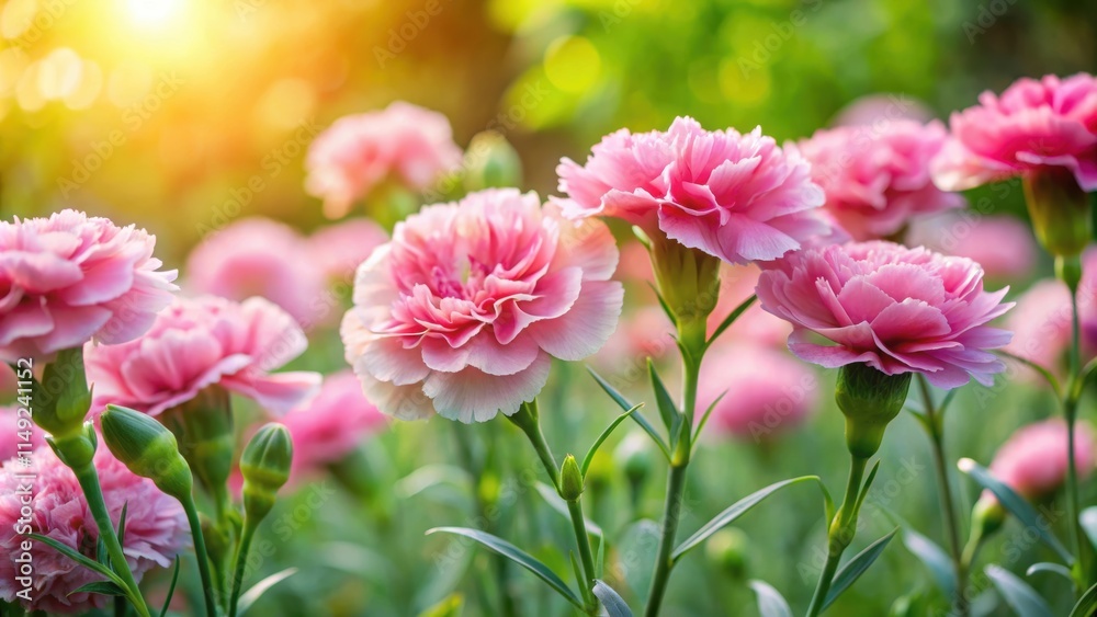 Fototapeta premium Soft Pink Carnations blooming in a garden amidst lush greenery and sunshine, nature landscape, beautiful pink flowers background