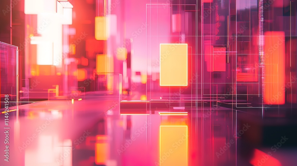 Abstract futuristic cityscape with glowing red and orange geometric structures reflecting on a glossy surface.