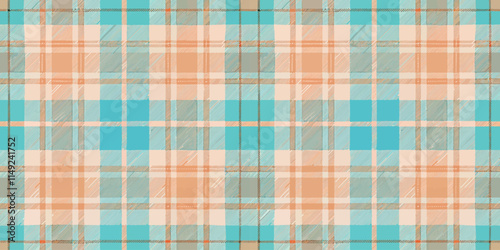 A vibrant plaid pattern featuring shades of teal, peach, and cream, creating a cheerful and modern textile design.