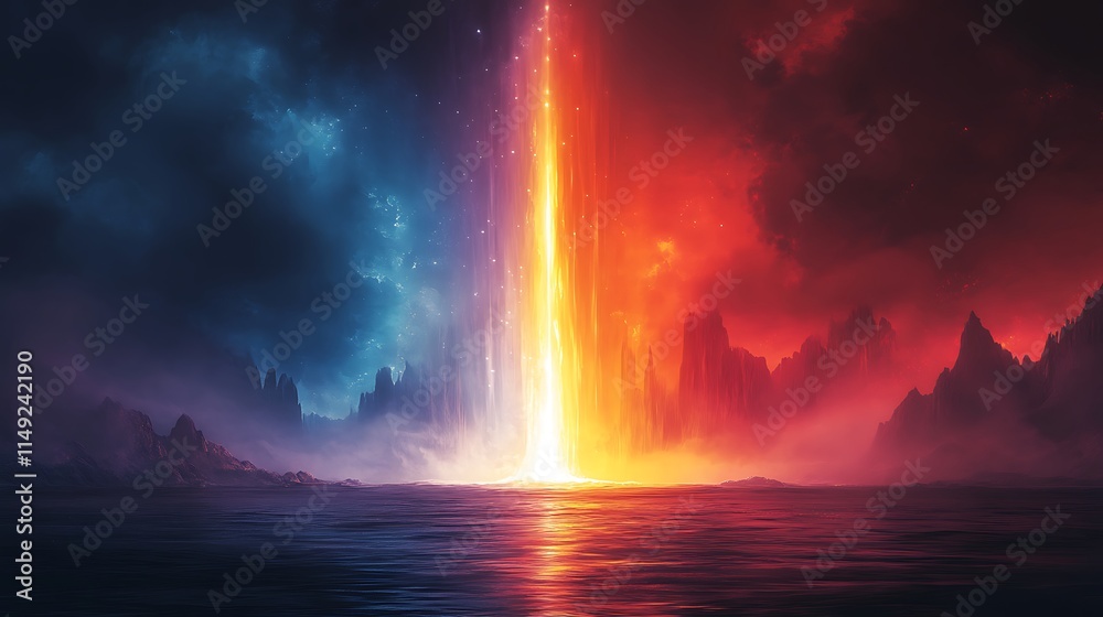 Cosmic Collision: A surreal dreamscape unfolds as a fiery beam pierces the heavens, splitting a stormy sky and illuminating a misty, rocky landscape. Cosmic Collision: A surreal dreamscape unfolds as a fiery beam pierces the heavens, splitting a stormy sky and illuminating a misty, rocky landscape.