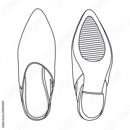 Women's Pointed Toe Block-Heeled Mule shoes Line art, Technical sketch hand drawing outline vector doodle top and bottom view isolated on white background for coloring page