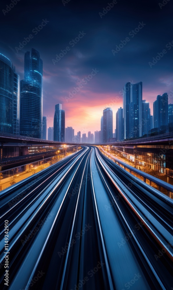 Obraz premium Dynamic Urban Landscape with Skyscrapers and Luminous Train Tracks Against Dramatic Sunset Sky