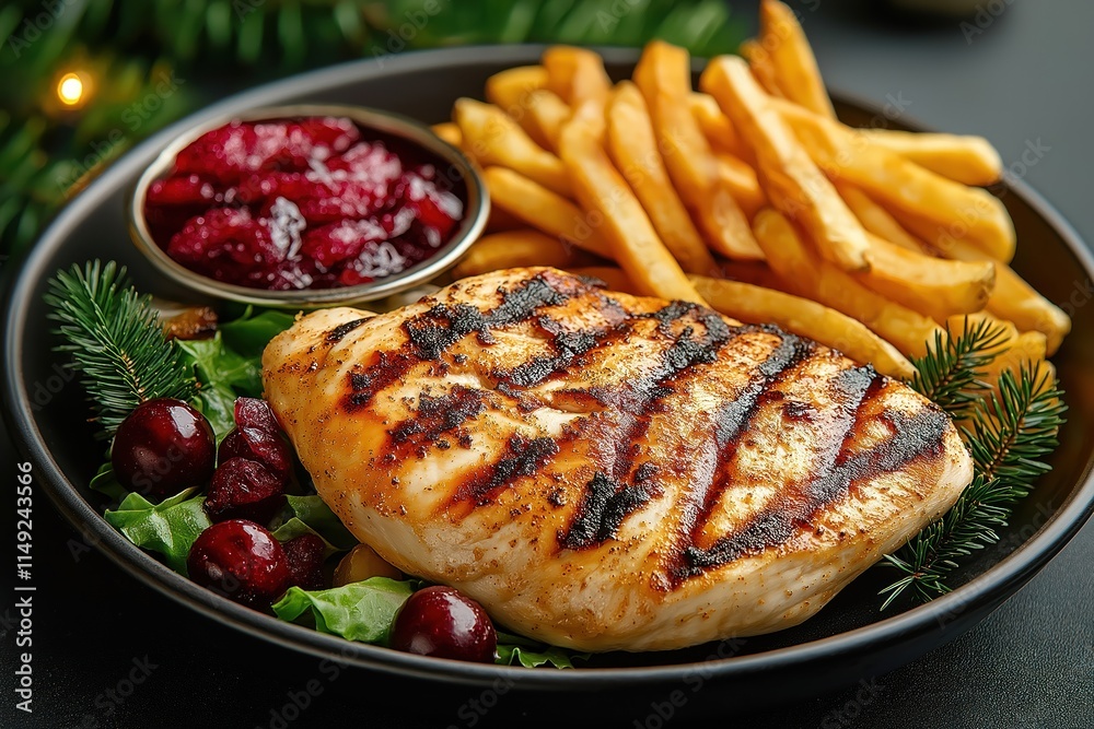Grilled chicken breast served with fries, cranberry sauce. Festive Christmas meal with plants, seasonal decorations. Plate with chicken breast salad, cranberries on dark background. Delicious, Grilled chicken breast served with fries, cranberry sauce. Festive Christmas meal with plants, seasonal decorations. Plate with chicken breast salad, cranberries on dark background. Delicious,