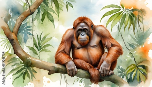 Majestic Orangutan in a Lush Tropical Forest Watercolor photo