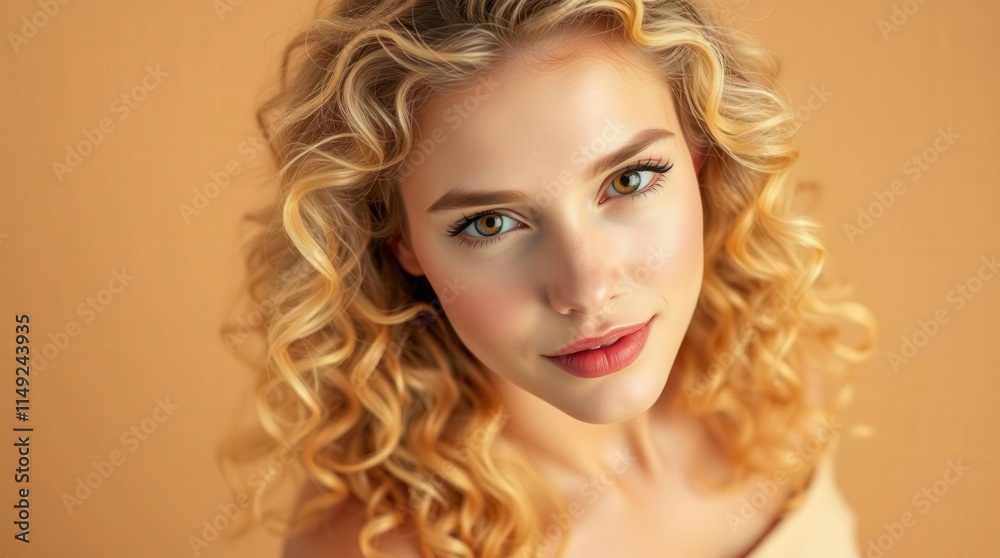Fototapeta premium A smiling blonde woman with curly hair, glowing with natural beauty, set against a warm backdrop, perfect for cheerful lifestyle visuals.