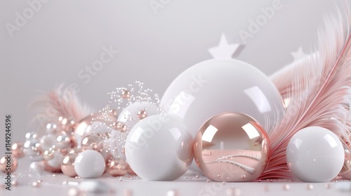 Abstract Christmas Ornament Composition with White and Rose Gold