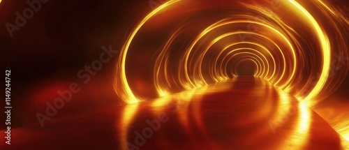 Abstract Golden Tunnel 3D Render of Luminous Circular Pathways with Reflective Floor, Ideal for Futuristic, Sci-Fi, or Technology Backgrounds