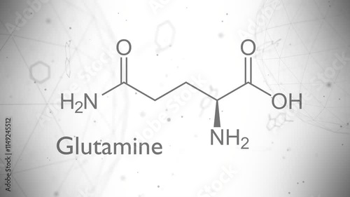 Glutamine chemical formula. Glutamine amino acid molecular bond structure. Medicine and biosynthesis study. 3D render.
