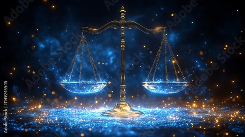 Mystic Scales of Justice: Glowing scales of justice in a mystical, ethereal setting, surrounded by sparkling blue particles.  A symbol of balance, fairness, and the pursuit of truth. 