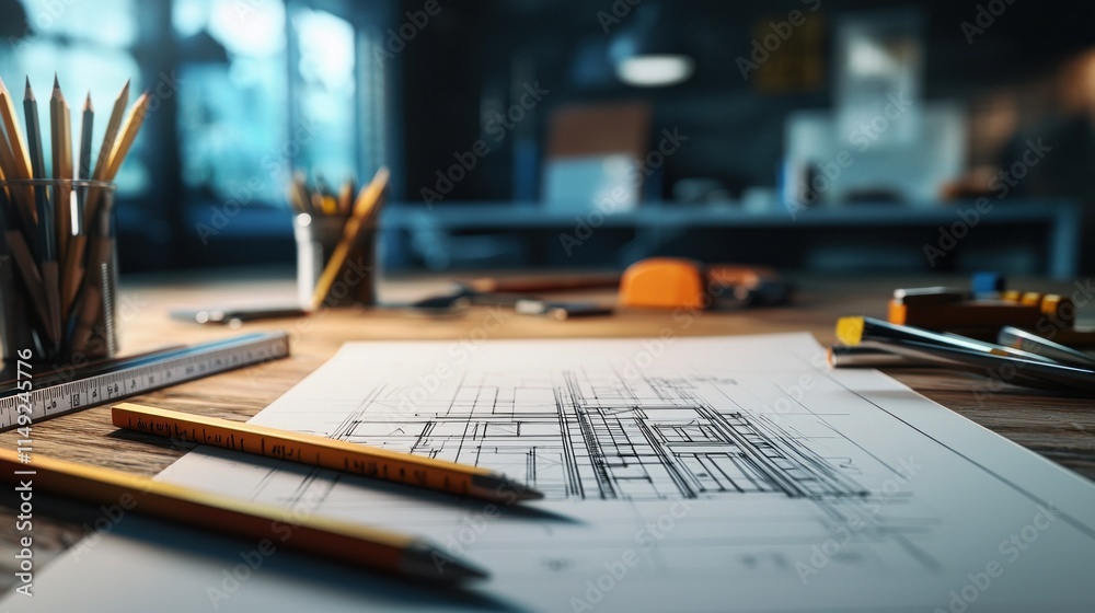 Architectural Design Workspace: Blueprint, Pencils, and Tools Architectural Design Workspace: Blueprint, Pencils, and Tools