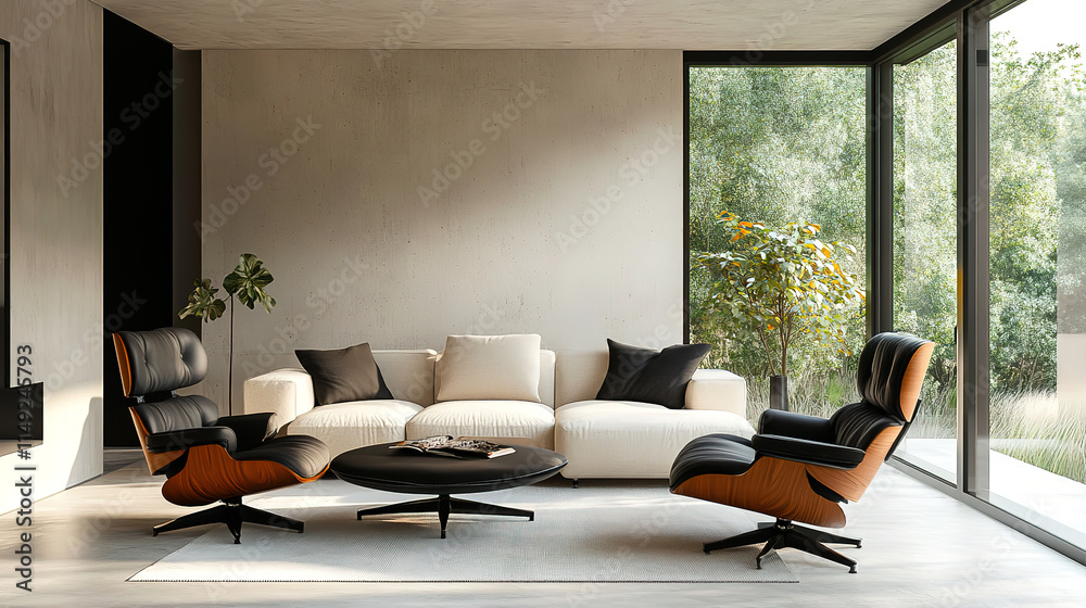 Fototapeta premium Elegant Modern Living Room with Bouclé Sofa and Black Chair