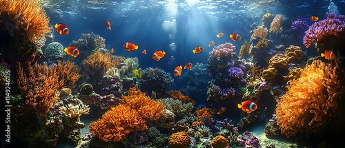 Fototapeta Naklejka Na Ścianę i Meble -  A vibrant underwater coral reef teeming with life, featuring colorful clownfish swimming among the bright corals. The sunlight filters through the water, creating a magical atmosphere.