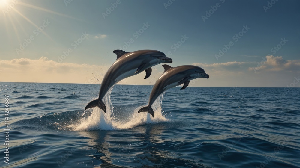 Obraz premium Two dolphins leaping from ocean water at sunset.